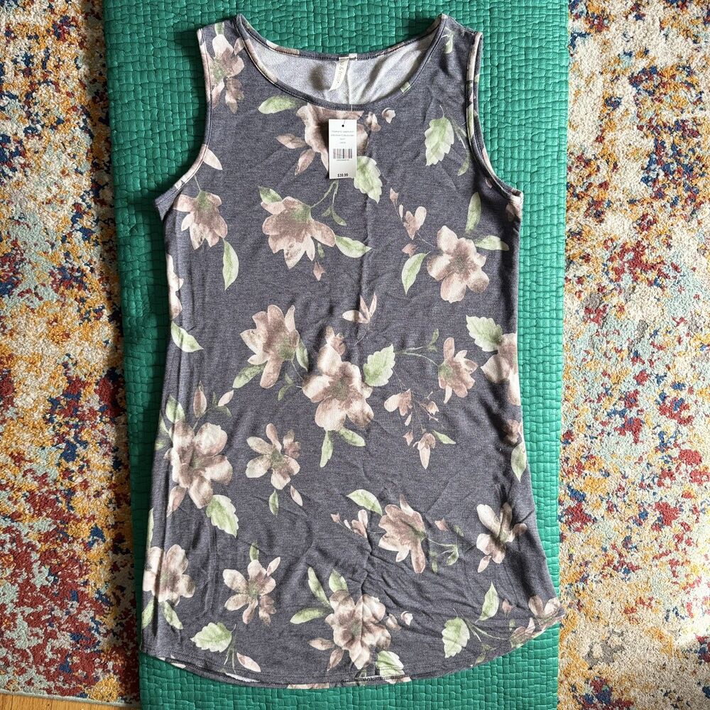 New NWT Mia & Tess Slate Blue Pink Floral Tank Dress L Casual Made in Usa Rayon